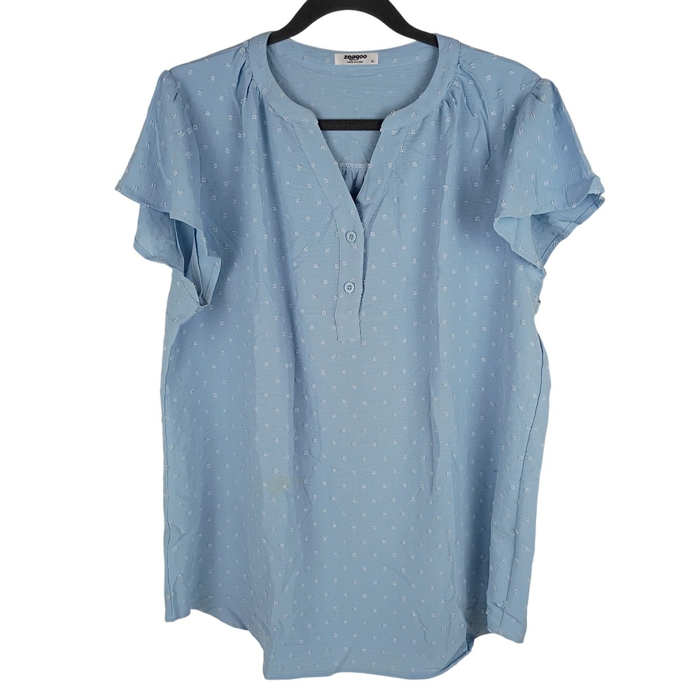 Zeagoo Womens Light Blue Clip Dot Flutter Sleeve V-Neck Blouse XL